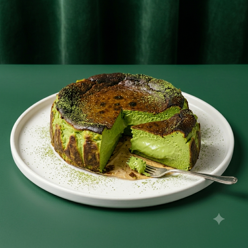 A whole Matcha Basque burnt cheesecake with a soft, smooth texture on a round white plate, shot in a bright studio setting with a solid green background