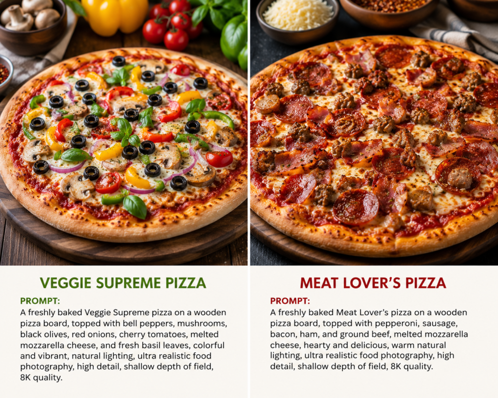Variation pizza meat lovers & veggie supreme pizza
