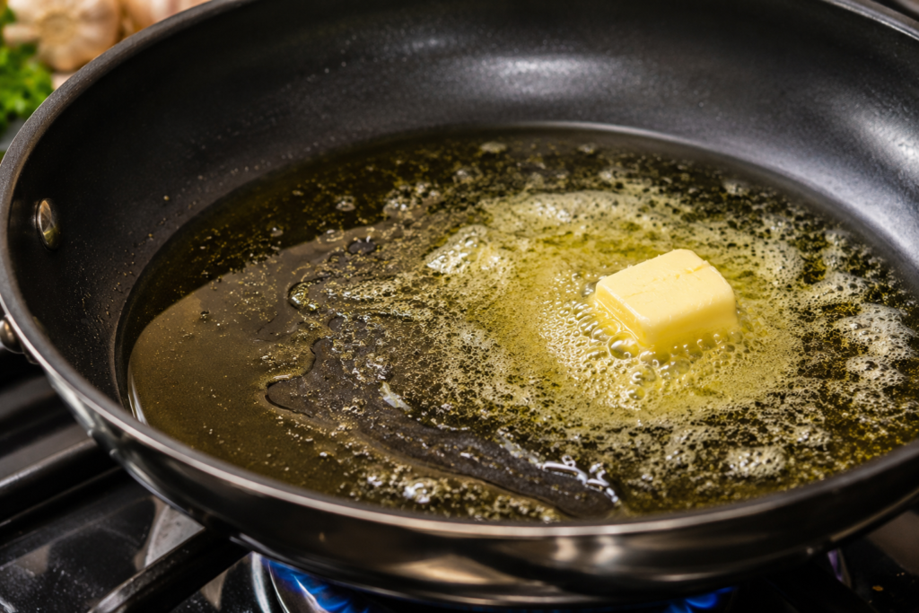 Butter and olive oil melting in a skillet on the stove as the base for Garlic Butter Shrimp recipe.