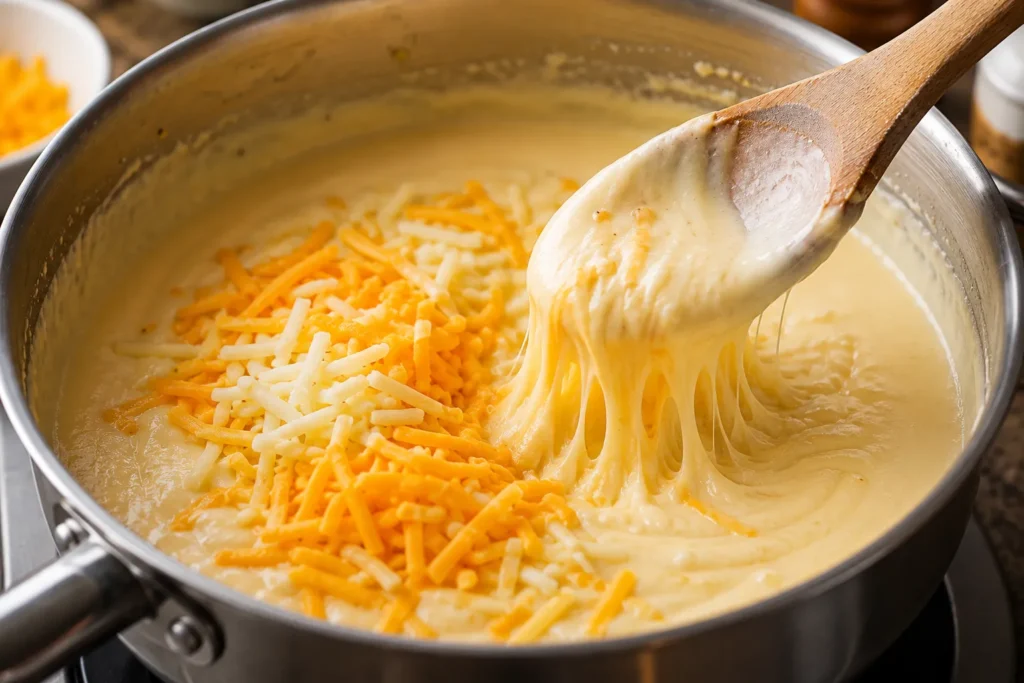 Shredded cheddar and mozzarella melting into a rich, silky cheese sauce for homemade mac and cheese.