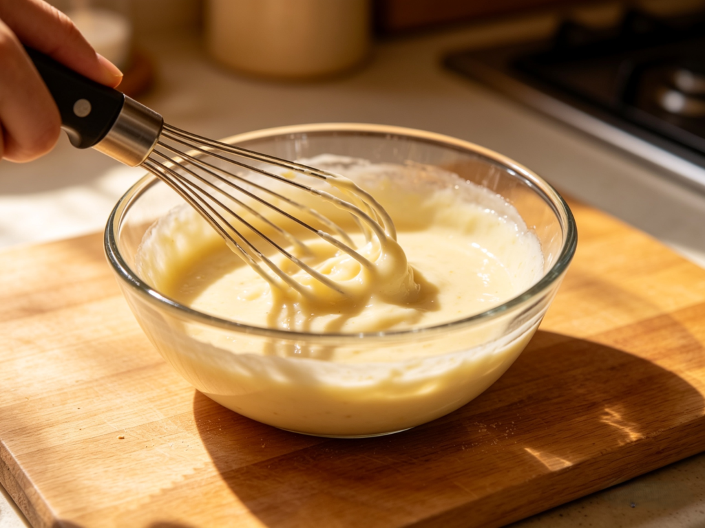 Whisking smooth garlic butter sauce in glass bowl, ingredient preparation for Korean garlic bread