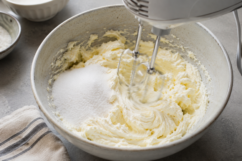 Cream cheese and sugar being mixed with a hand mixer to make Basque Burnt Cheesecake batter