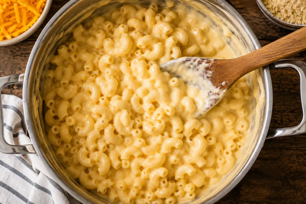 Cooked elbow macaroni being folded into rich and creamy homemade cheese sauce until evenly coated.