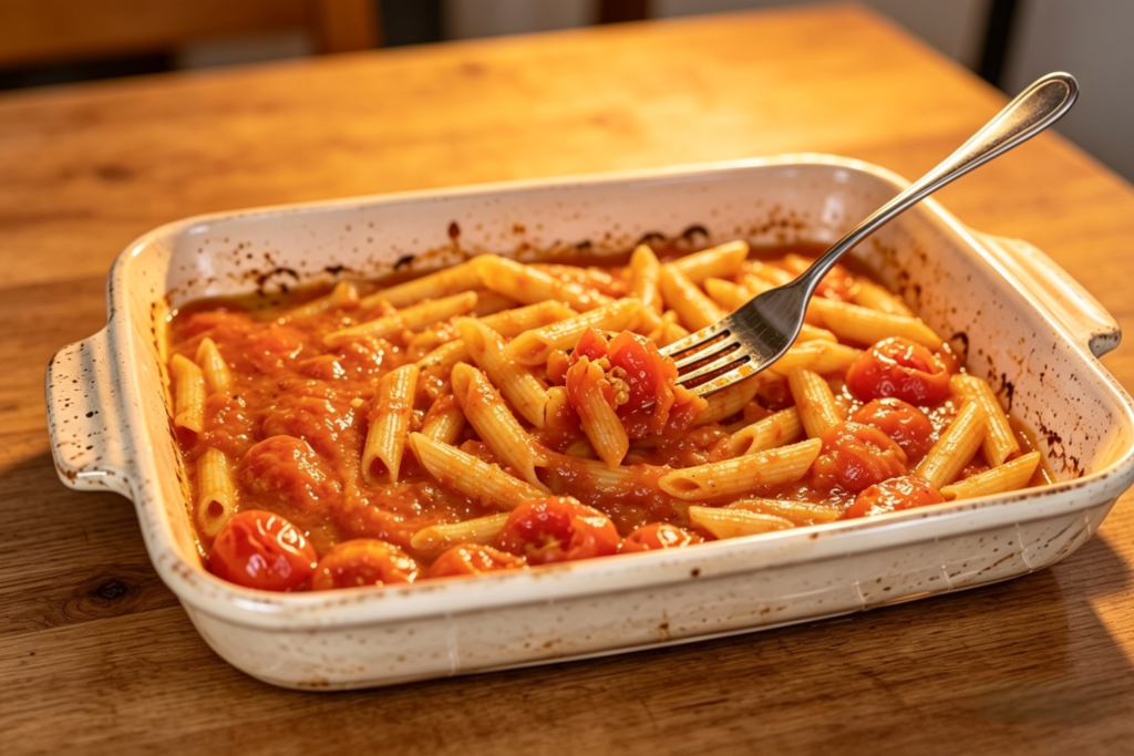 Cooked penne pasta added to creamy feta tomato sauce in baking dish, mixed together evenly on warm wooden table