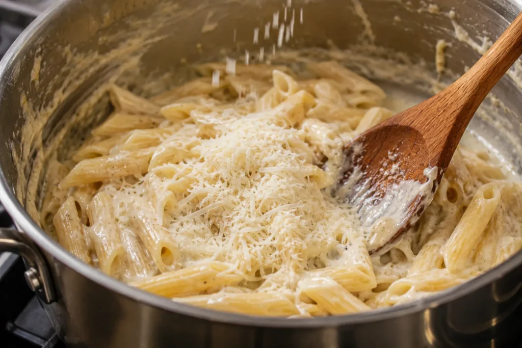 Freshly grated parmesan cheese melting into creamy one-pot pasta while being stirred with a wooden spoon