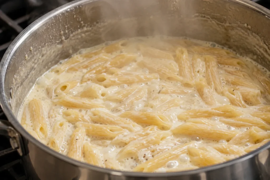 Pasta simmering in a creamy sauce inside one pot with steam rising during cooking