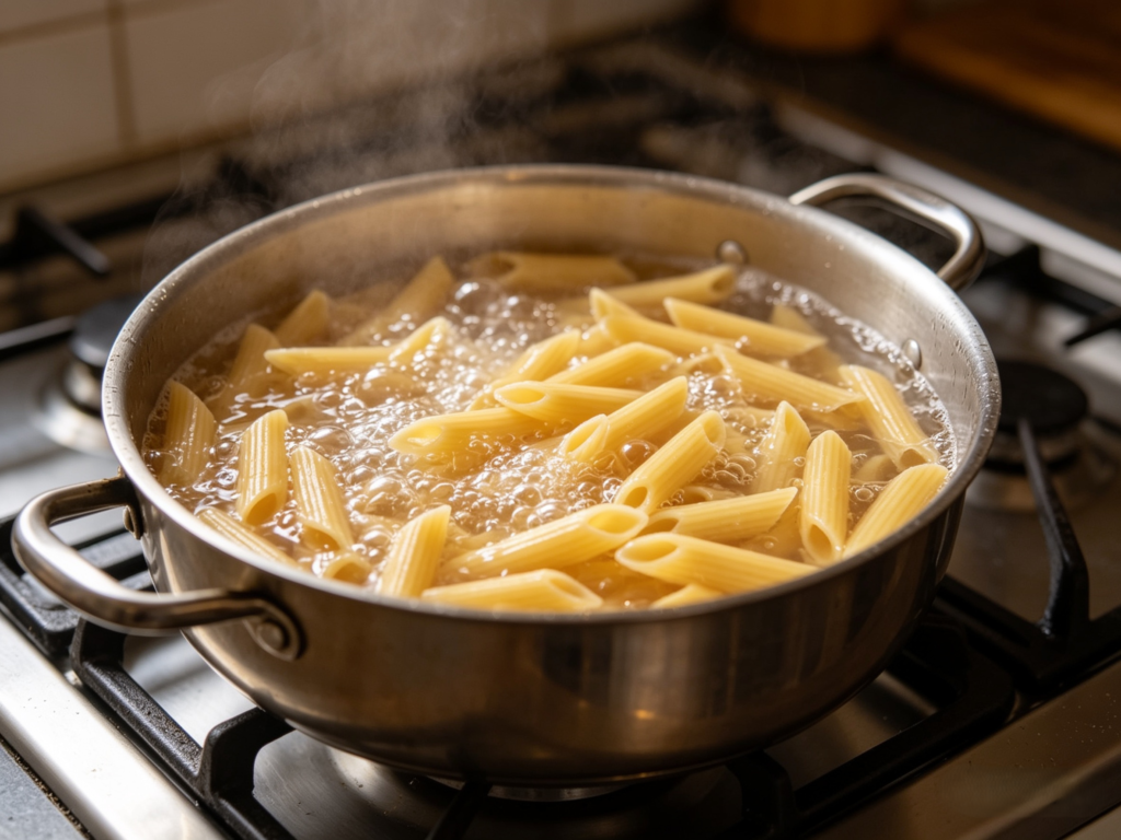 Penne pasta boiling in large pot of salted water on wooden kitchen table – cooking pasta for baked feta pasta recipe
