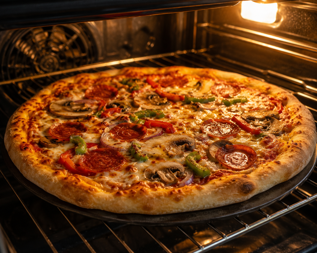 Close-up of sliced homemade pizza with melted mozzarella cheese.