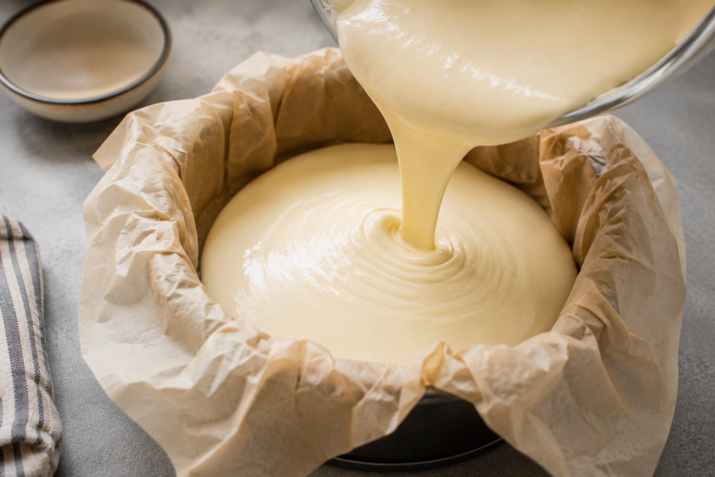 Smooth Basque Burnt Cheesecake batter being poured into a parchment-lined cake pan before baking