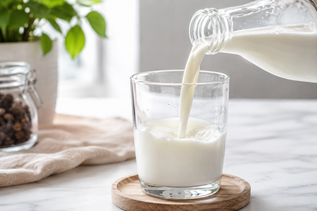 Pouring chilled fresh milk into a transparent glass for Dirty Coffee, creating a smooth and creamy foundation for the layered coffee drink.