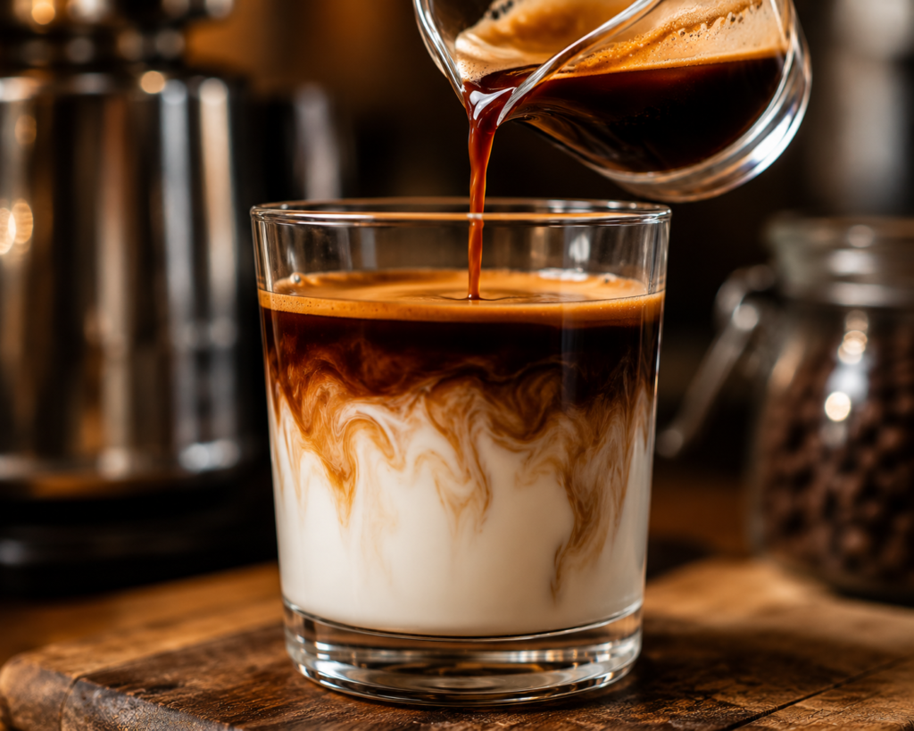 Hot espresso slowly poured over cold milk in a transparent glass, creating the signature layered Dirty Coffee appearance with beautiful contrast.