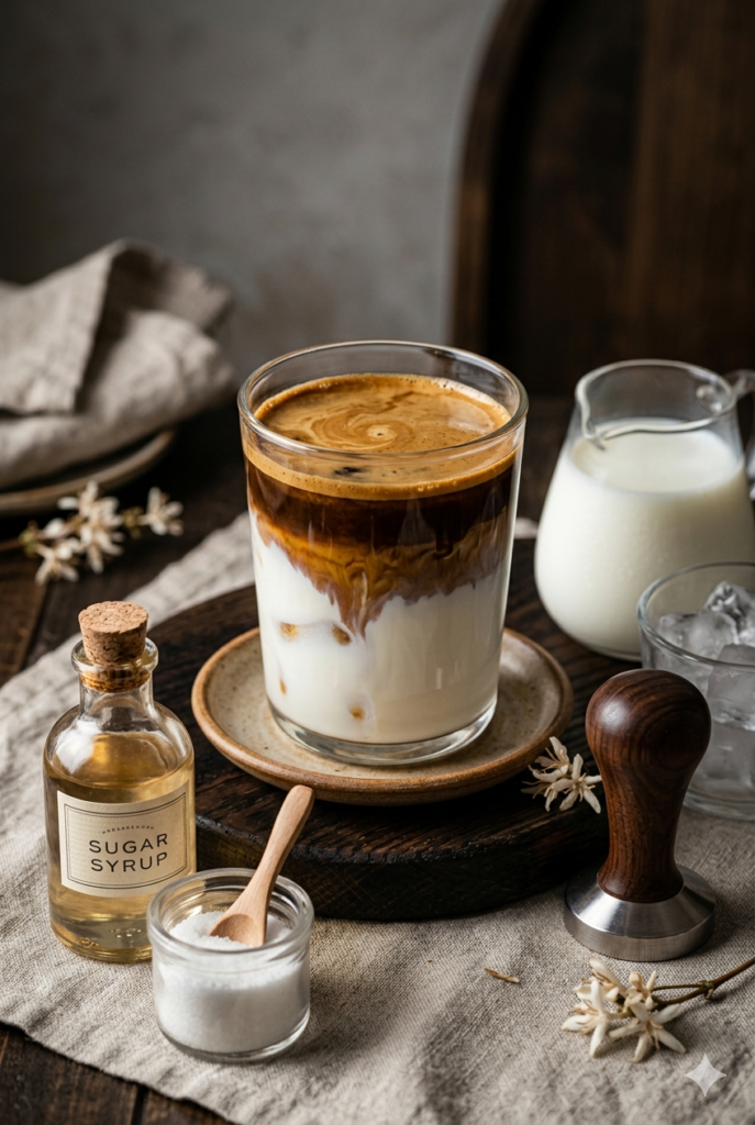 Top-down flat lay of espresso shot, cold fresh milk, ice cubes, sugar syrup, and professional coffee tools neatly arranged on a rustic wooden table