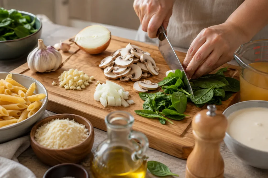 Fresh garlic, parsley, mushrooms, and spinach being chopped on a wooden cutting board for creamy one-pot pasta