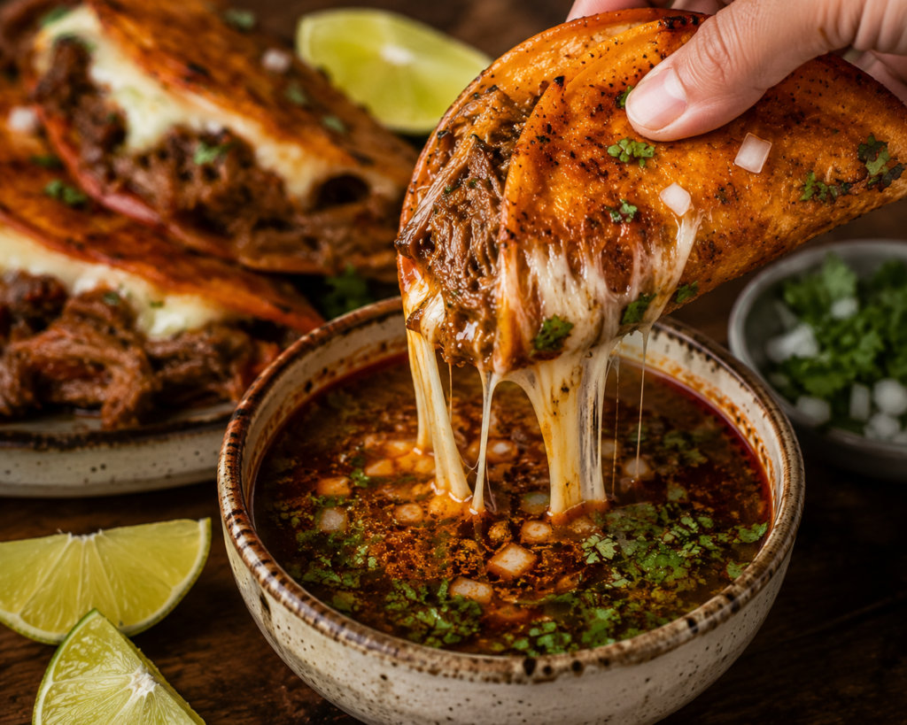Birria taco being dipped into rich consommé with dramatic melted cheese pull and shredded beef filling