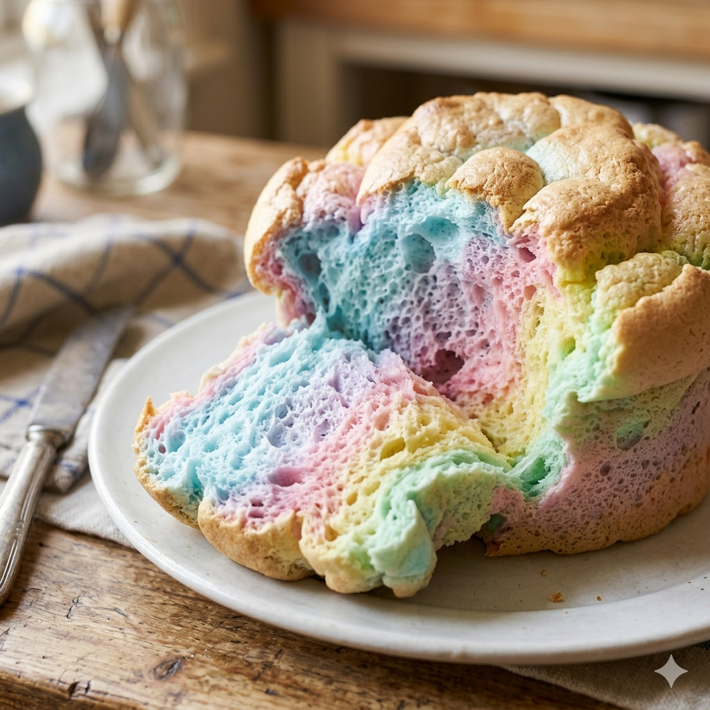 A close-up of freshly baked rainbow cloud bread torn open to showcase its soft, airy, and colorful pastel interior.