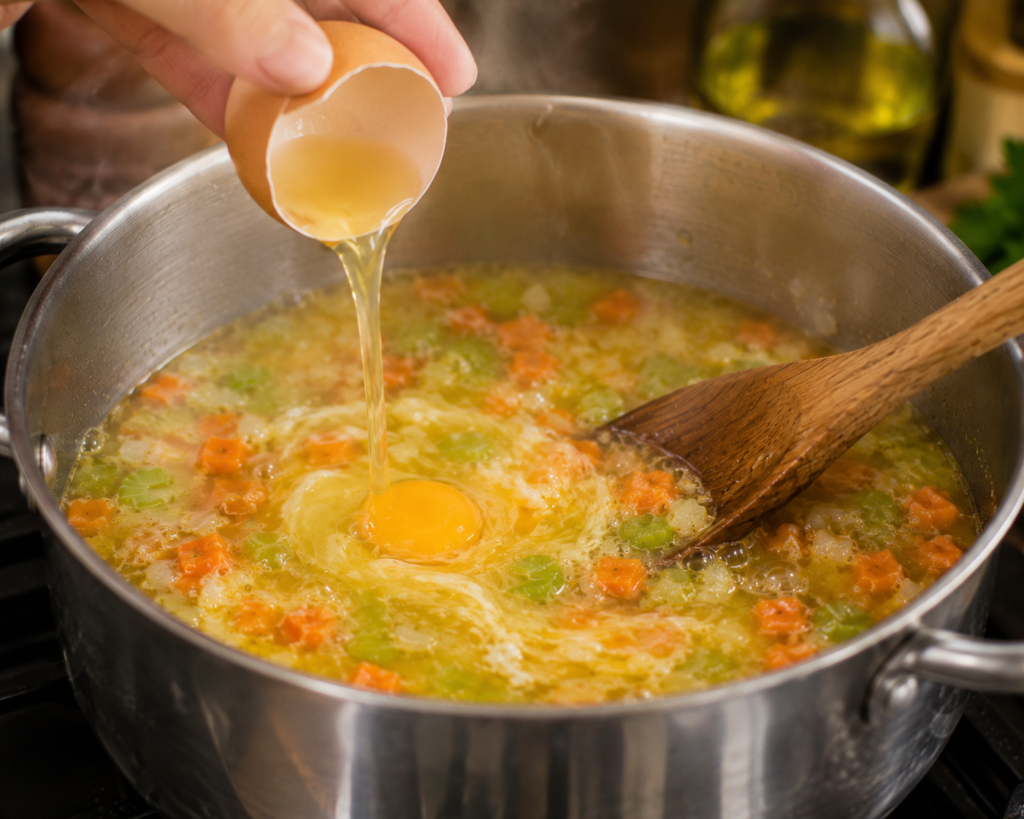Raw eggs being stirred into simmering vegetable soup to naturally thicken homemade egg soup