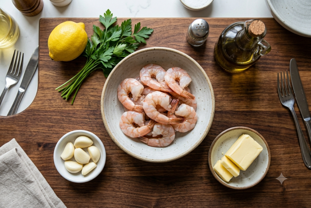 Overhead flat lay realistic food photography of raw shrimp, butter, garlic cloves, lemon, parsley, and olive oil neatly arranged on a kitchen countertop.