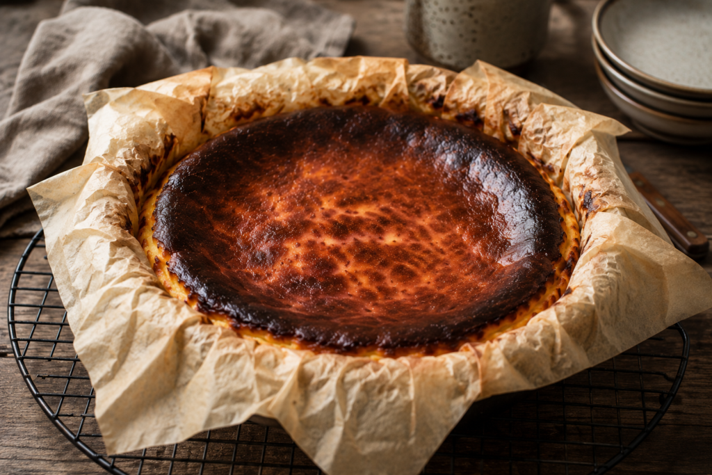 Freshly baked Basque Burnt Cheesecake cooling on a wire rack in a rustic kitchen setting