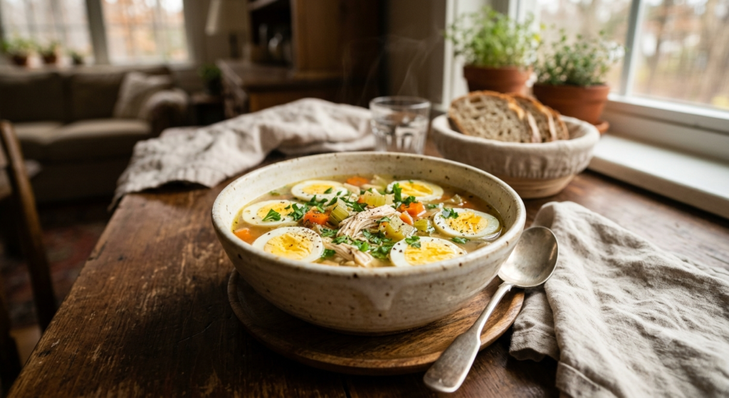A rustic ceramic bowl filled with warm chicken soup, featuring sliced boiled eggs, carrots, celery, and shredded chicken, set on a wooden table in a cozy, sunlit kitchen.