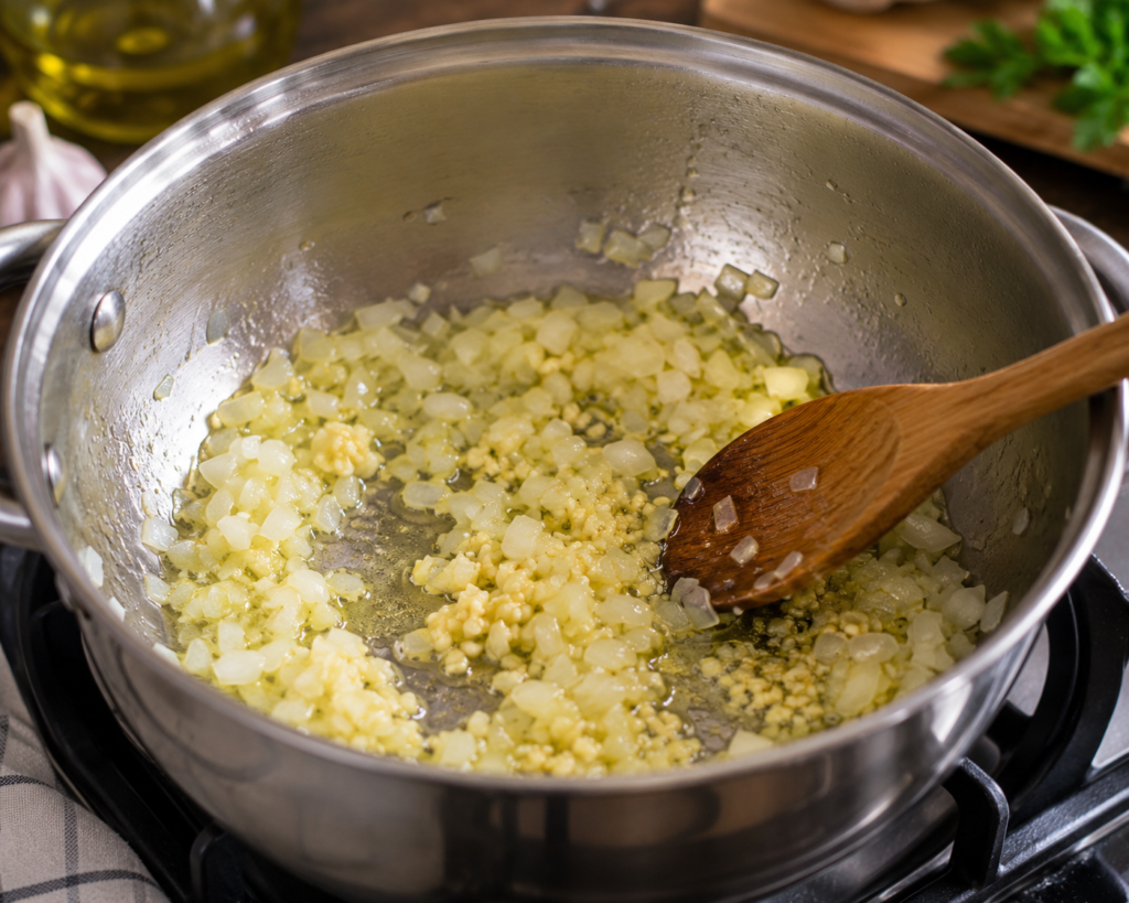 Garlic and onions sautéing in saucepan for homemade egg soup recipe