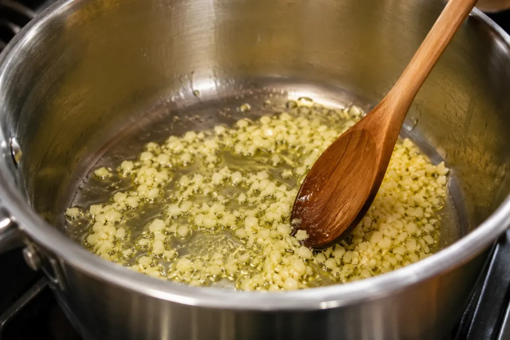 Minced garlic sautéing in olive oil inside a stainless steel pot for creamy one-pot pasta