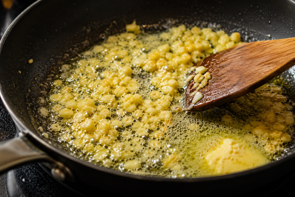 Minced garlic sautéing in melted butter inside a skillet for homemade Garlic Butter Shrimp.