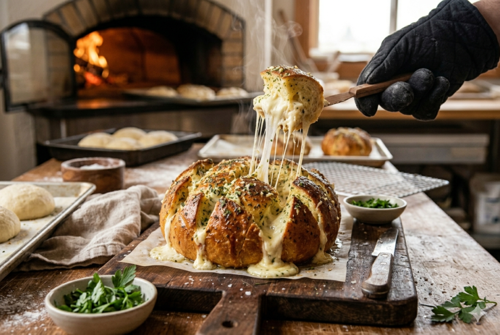 Freshly baked Korean garlic cheese bread served on tray, golden and cheesy