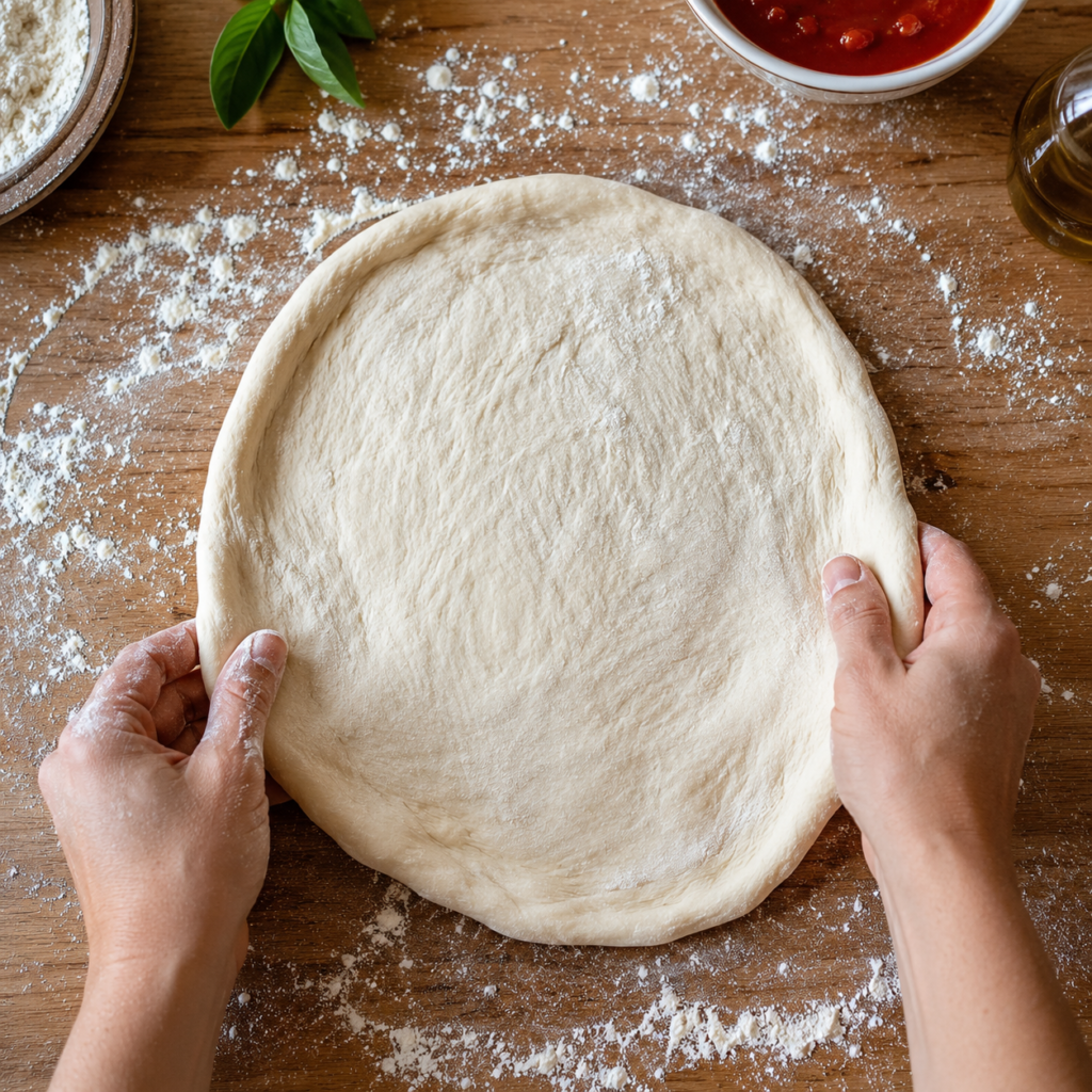 Stretching homemade pizza dough before adding toppings.