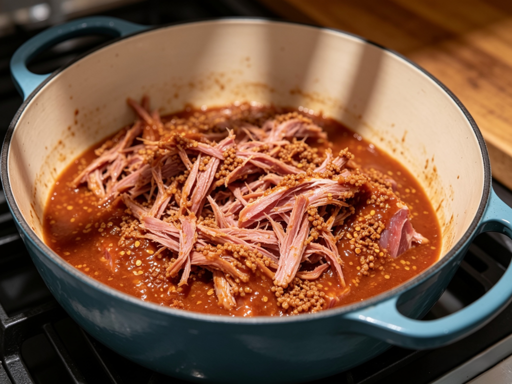 Soft, fully cooked beef being shredded into fine, tender strips — key filling for traditional birria tacos