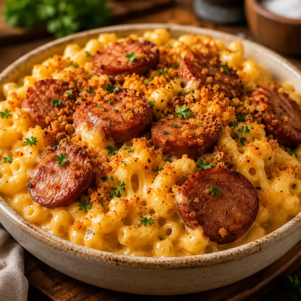 Creamy baked mac and cheese topped with sliced smoked sausage, crispy golden breadcrumb topping, melted cheddar and mozzarella cheese, and fresh parsley garnish.