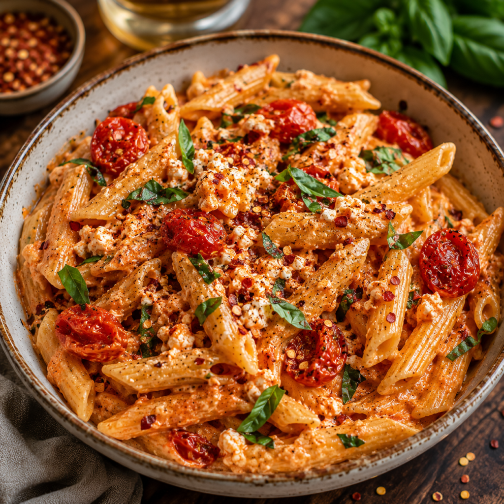 Spicy baked feta pasta with roasted tomatoes, creamy feta cheese sauce, red chili flakes, and fresh basil
