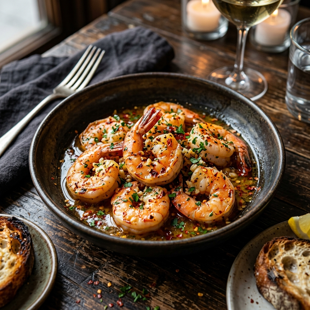 A professional food photography shot of spicy garlic butter shrimp pasta, generously garnished with red chilli flakes, served in a rustic bowl with cherry tomatoes, styled for a restaurant menu.