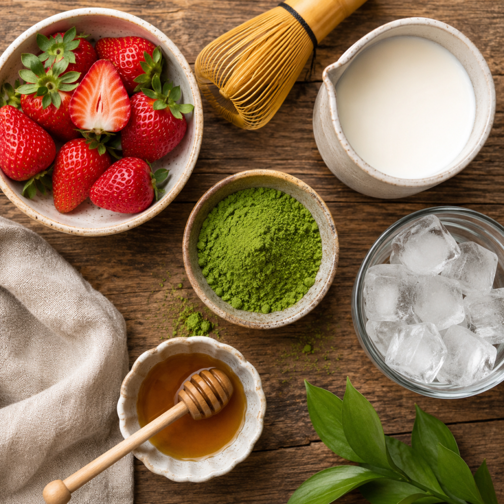 Ingredients for homemade strawberry matcha latte including strawberries, matcha powder and milk.