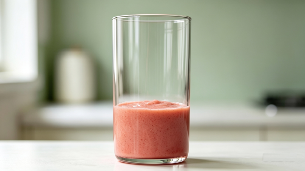 Tall clear glass filled one-third with smooth mashed strawberry puree, base layer for strawberry matcha latte recipe