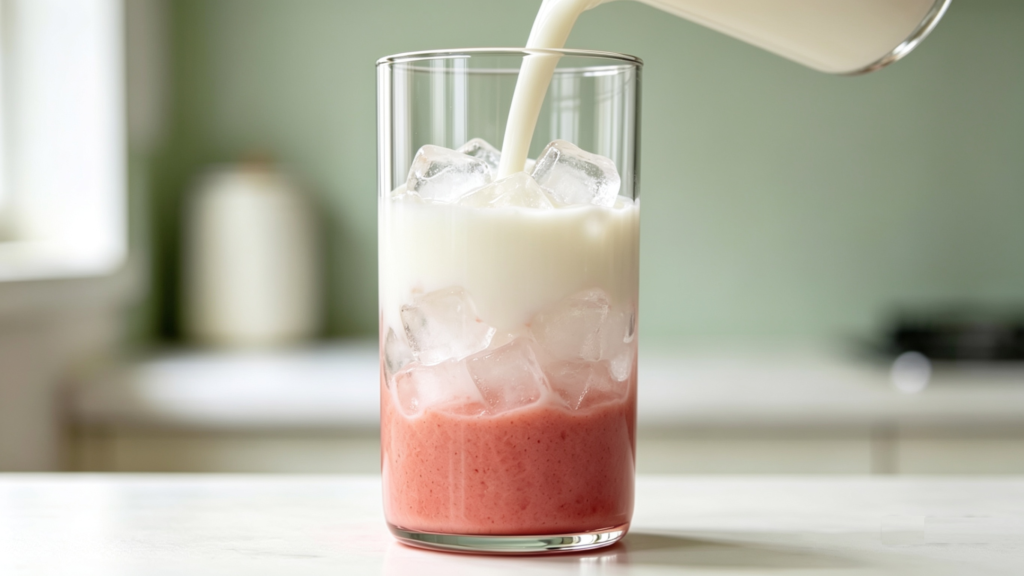 Glass with mashed strawberry at bottom, filled with fresh milk and clear ice cubes, leaving top one-third empty, layers separated