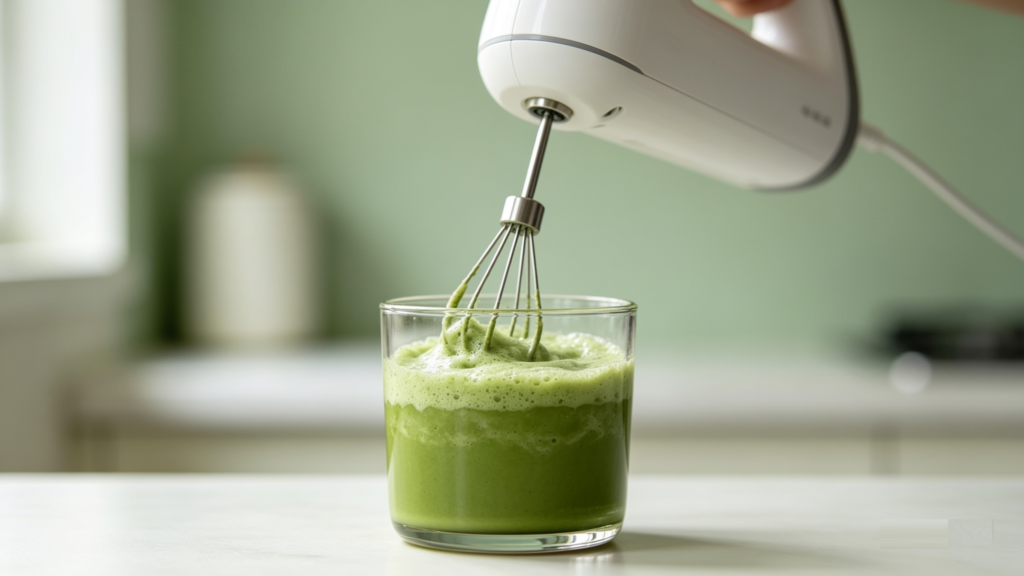 Electric milk frother whisking green matcha powder and water in small glass bowl, making thick creamy matcha liquid