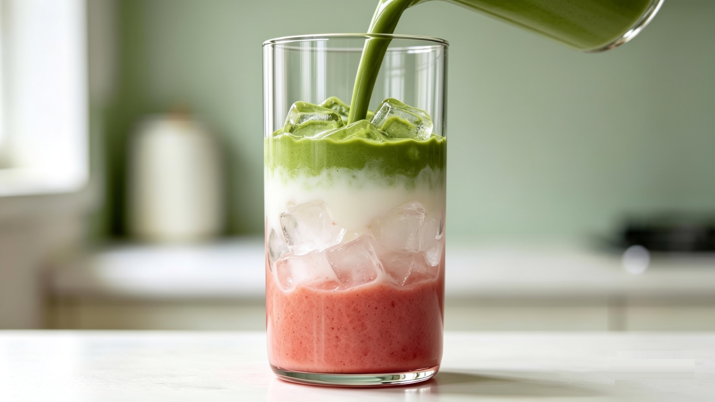 Pouring thick green matcha liquid into glass with strawberry puree, milk and ice cubes, forming distinct layers without mixing