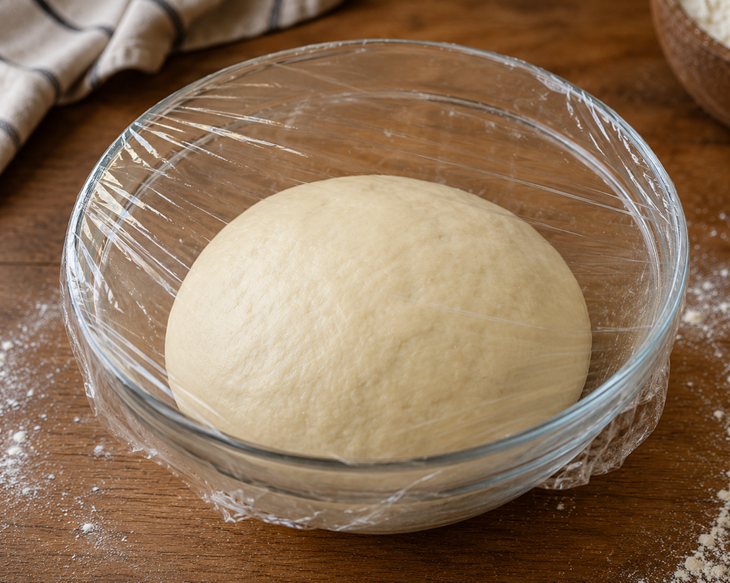 in the bowl dough covered with plastic wrap