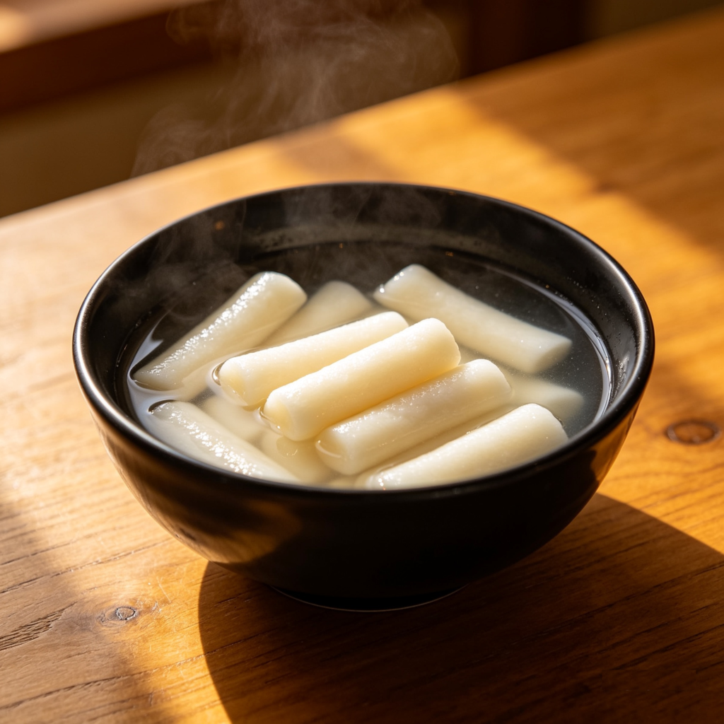 Soft Korean rice cakes (tteok) soaked in warm water inside a black bowl, placed neatly on a wooden table, top-down view