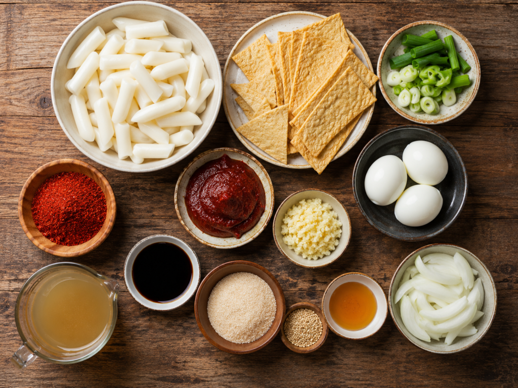 Ingredients for homemade Korean tteokbokki including rice cakes, gochujang, fish cakes, eggs, garlic, and green onions.