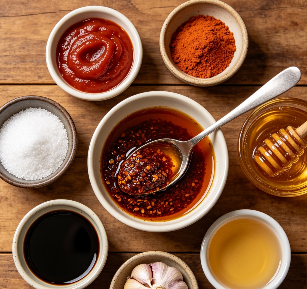 Mixed tteokbokki sauce ingredients — gochujang, spices, seasonings and stock — stirred together with a spoon in a bowl, top-down perspective