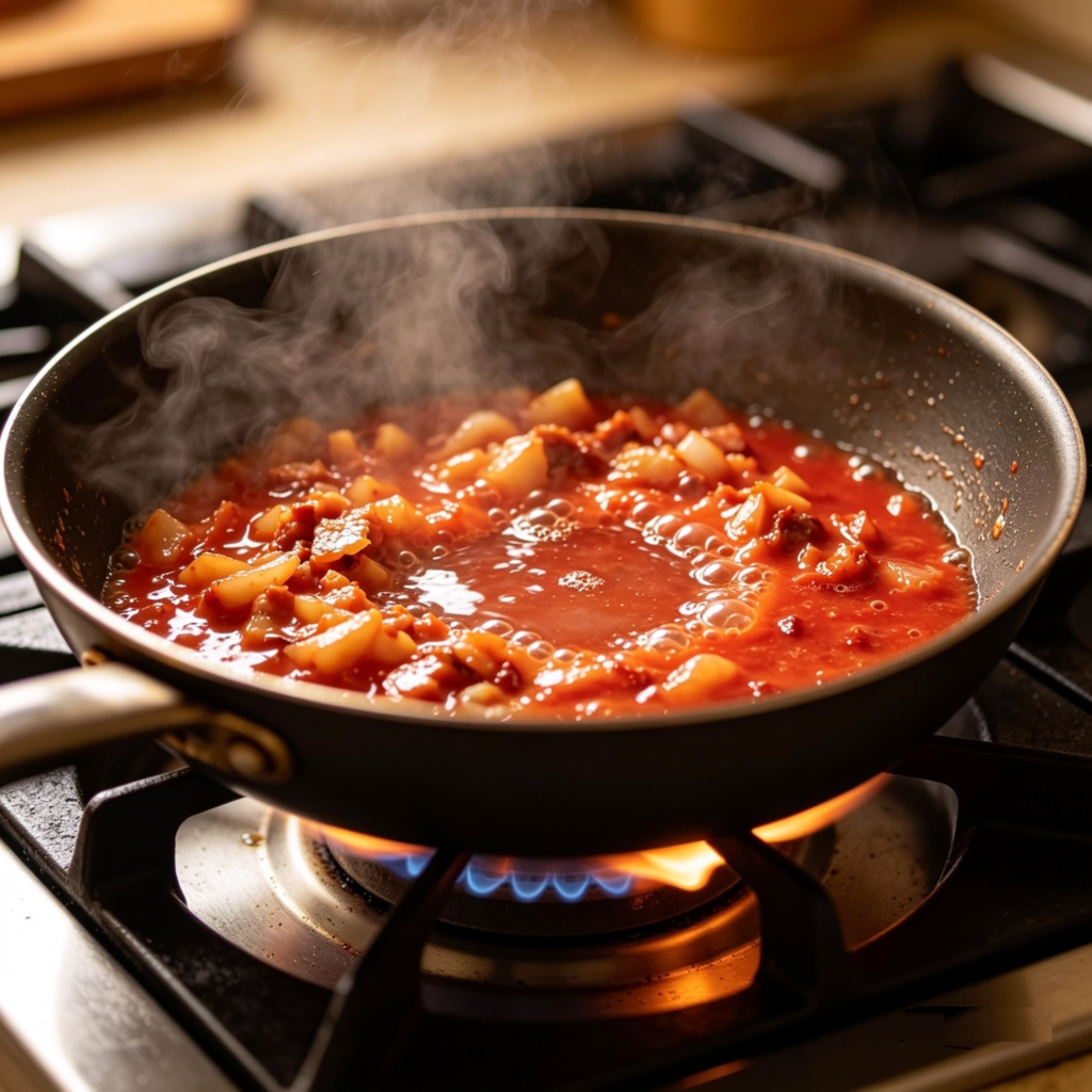 Combined tteokbokki sauce with a little water, simmering gently in a pot on a kitchen stove, cooking process shot