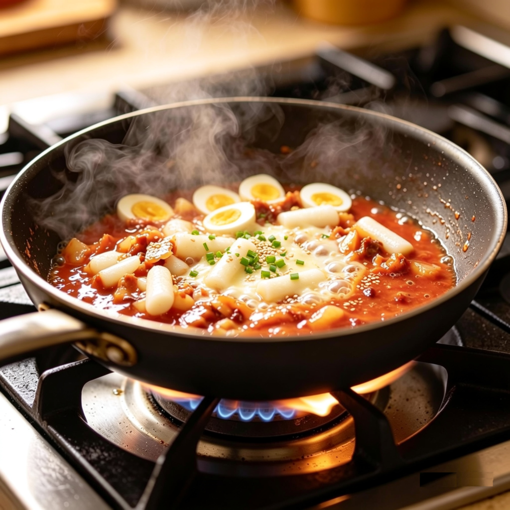 Finished tteokbokki dish topped with melted mozzarella cheese, chopped green onions, and toasted sesame seeds, ready to serve