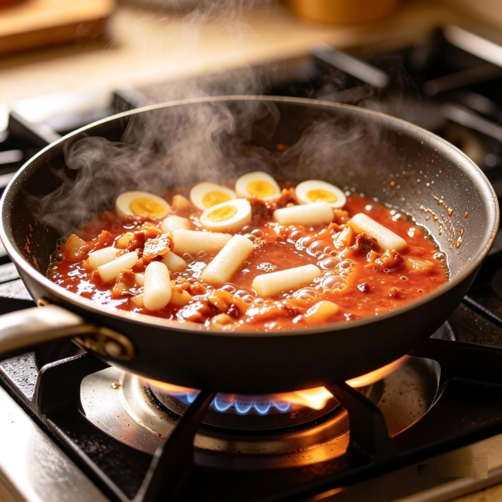 Tteokbokki in spicy red sauce with fish cake slices and whole boiled eggs added, cooking in a pot