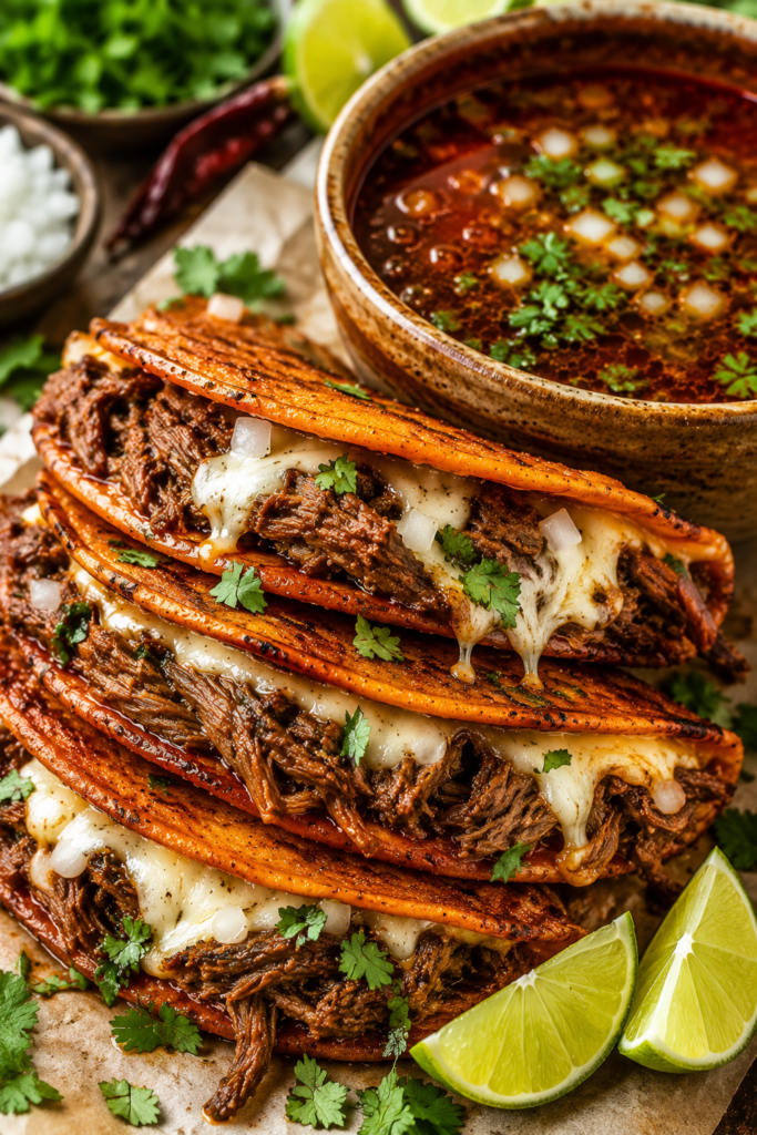Stack of crispy birria tacos filled with shredded beef and melted cheese served with consommé dipping sauce