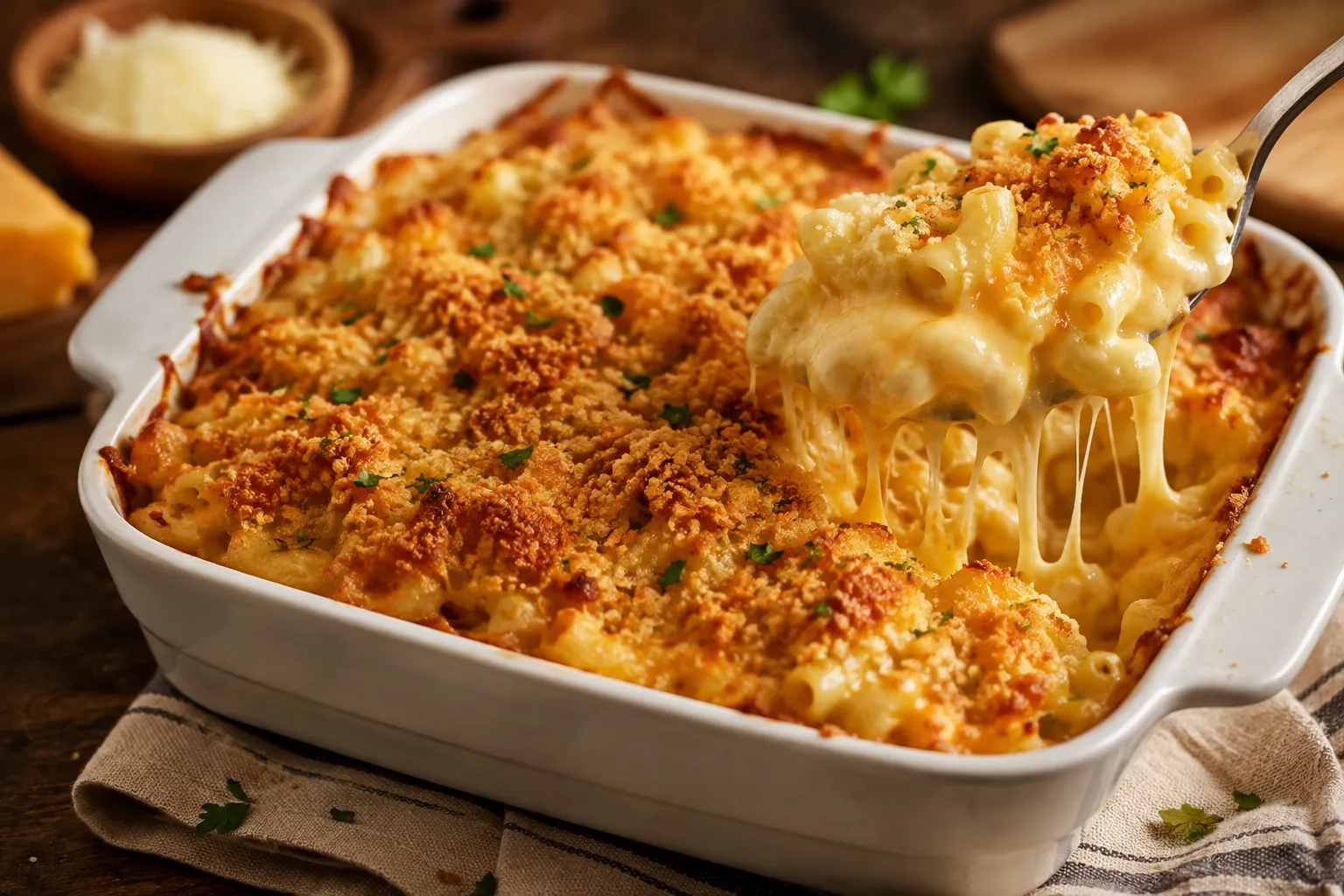 Creamy baked viral mac and cheese with crispy golden breadcrumb topping and melted cheddar and mozzarella cheese served in a white ceramic baking dish.