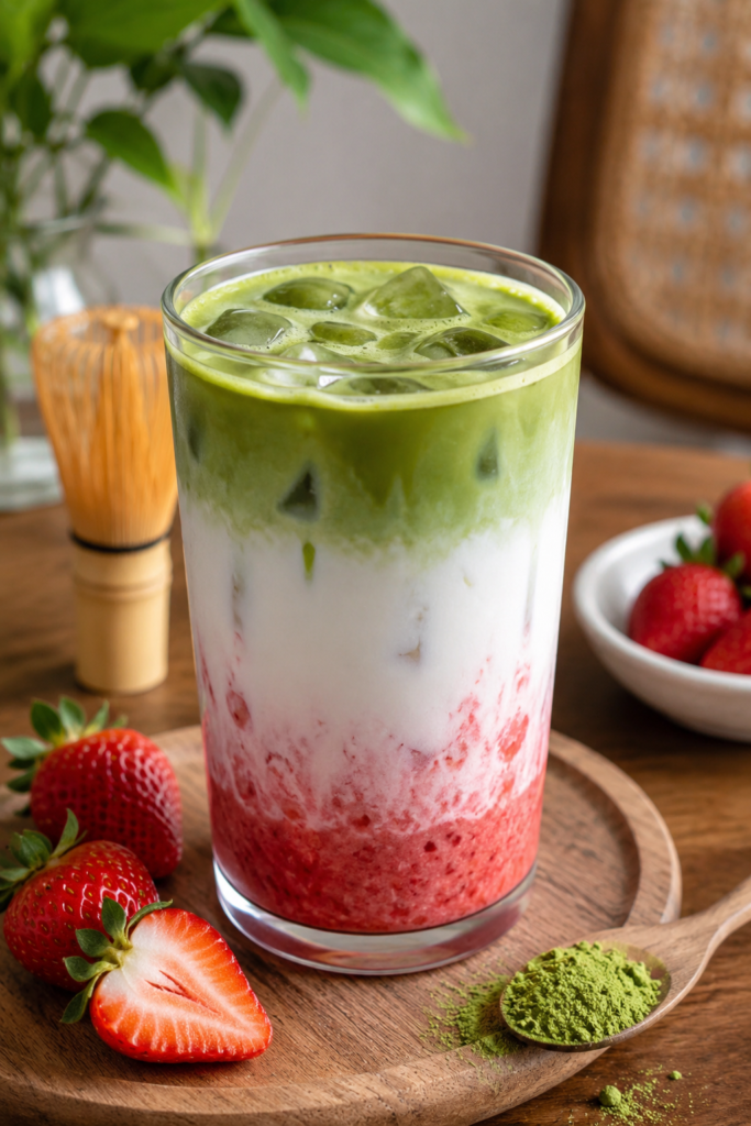 Homemade strawberry matcha latte featured on a vintage colonial-style cafe menu board with elegant design.