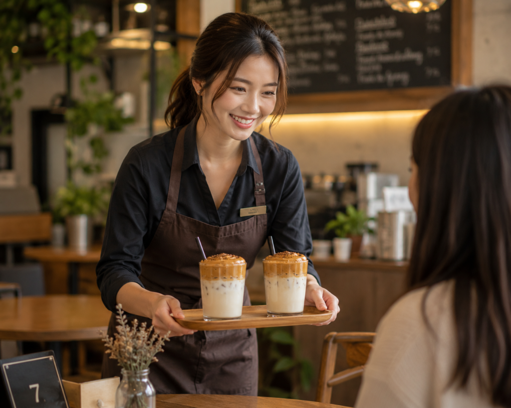 Smiling waitress serving homemade Dalgona Coffee to a customer at a cozy cafe table