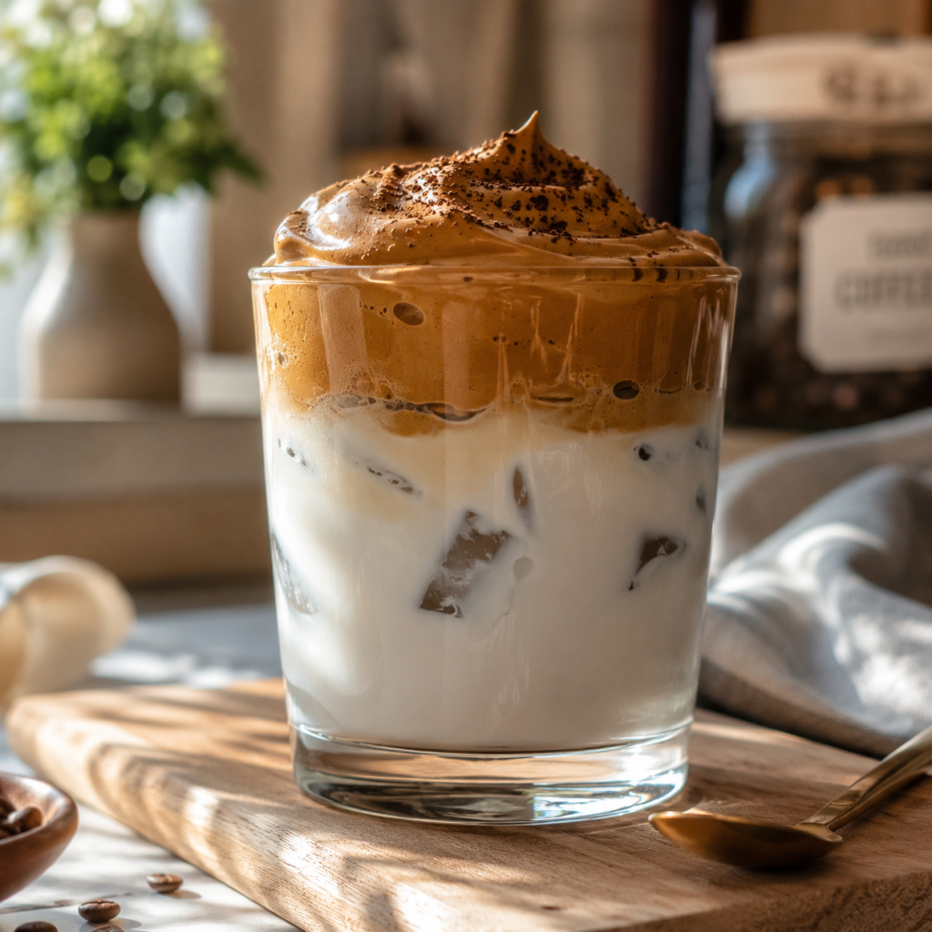 Fluffy homemade Dalgona coffee served over iced milk in a glass
