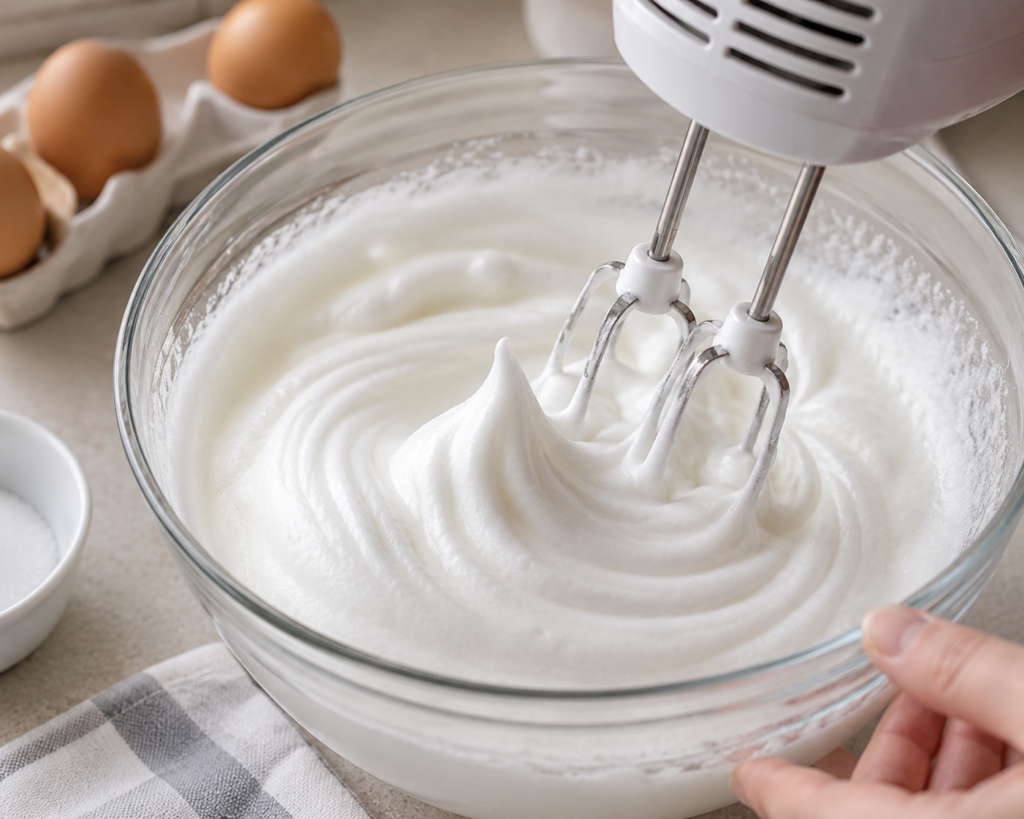 Egg whites being whipped with an electric mixer in a glass bowl to make fluffy Cloud Bread batter